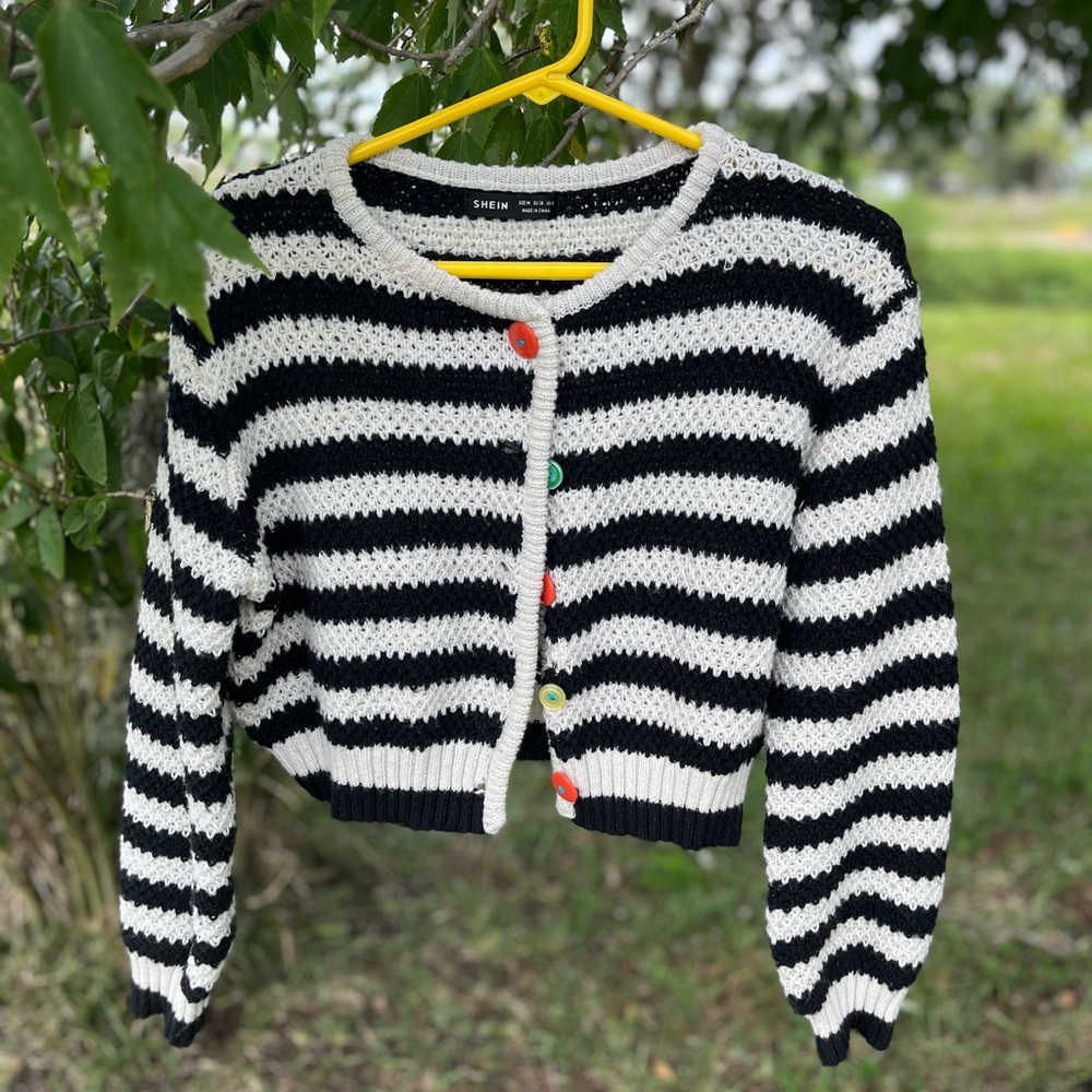 SHEIN Black and White Striped Cardigan Sweater